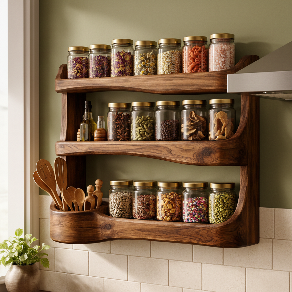 Handcrafted Solid Wood Spice Rack Shelf, Wall-Mounted Kitchen Organizer