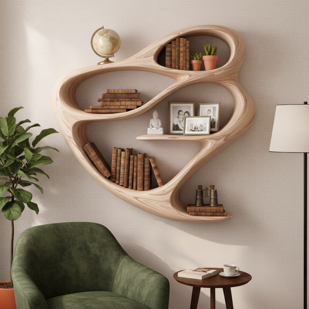 Handcrafted Solid Wood Sculptural Bookshelf, Organic Flowing Wall Shelf