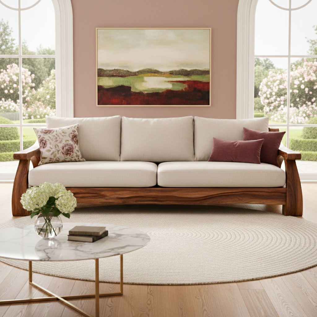 Handcrafted Solid Wood Sofa With Sculptural Frame And Cushions