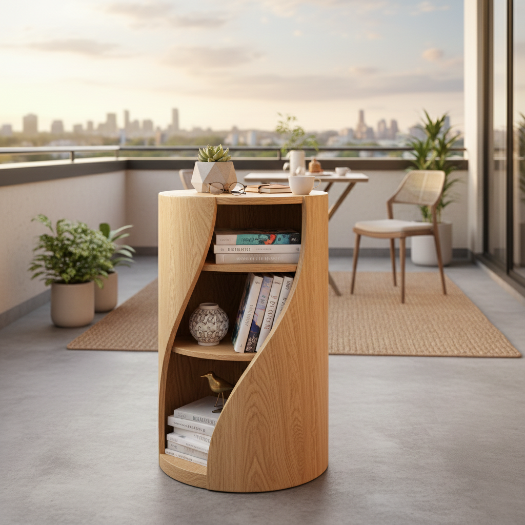 Sculptural Solid Wood Bookcase with Spiral Shelving