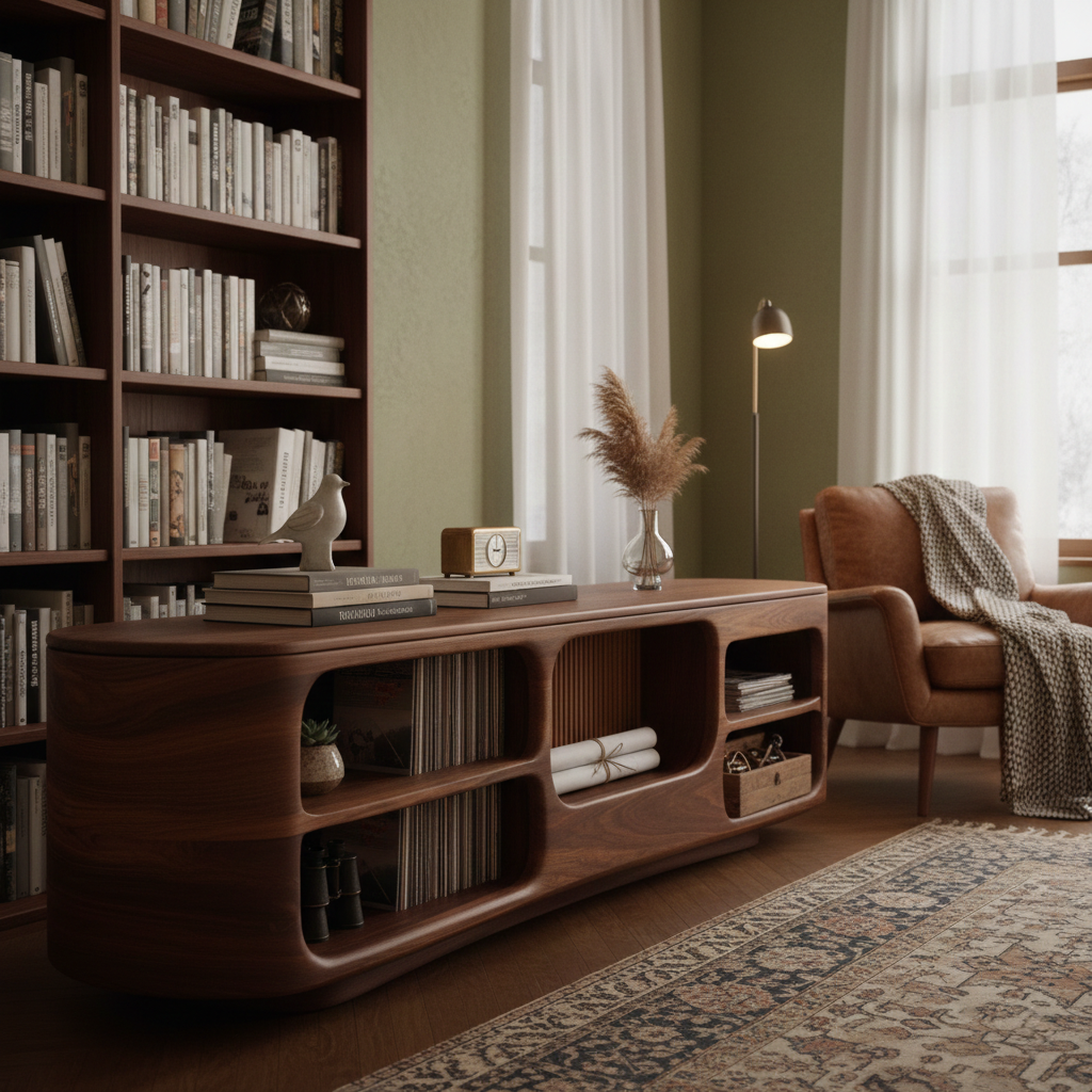 Modern Curved Wood Sideboard With Slatted Center Door & Open Shelves