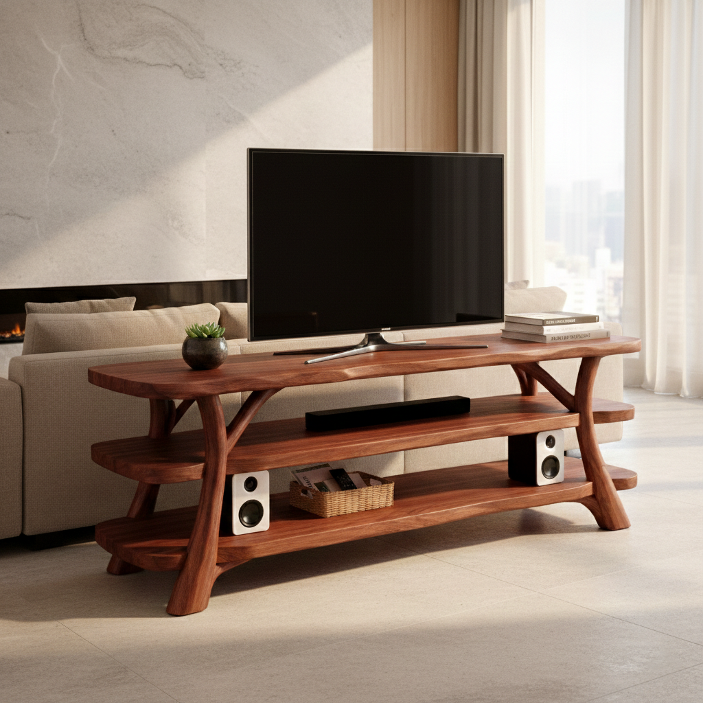Wooden Live Edge TV Console with Sculptural Base and Open Shelving