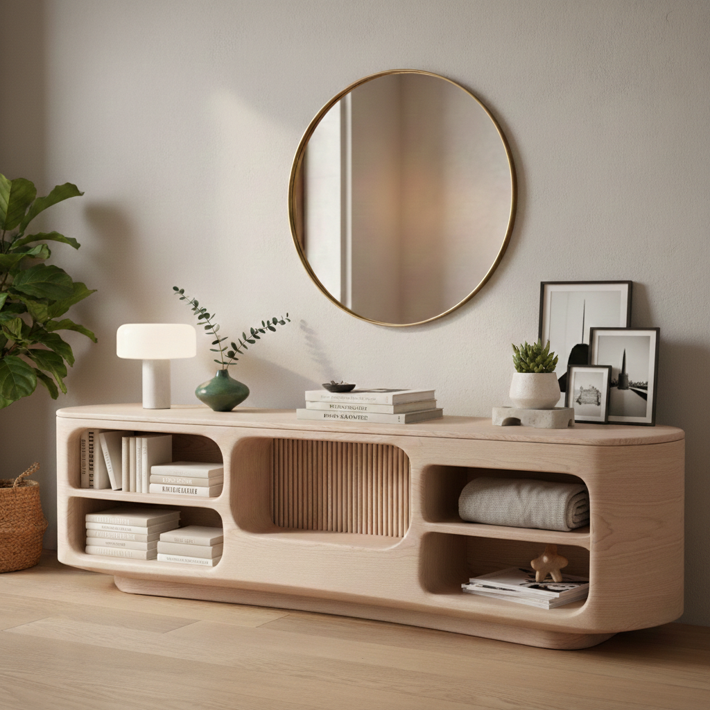 Modern Curved Wood Sideboard With Slatted Center Door & Open Shelves