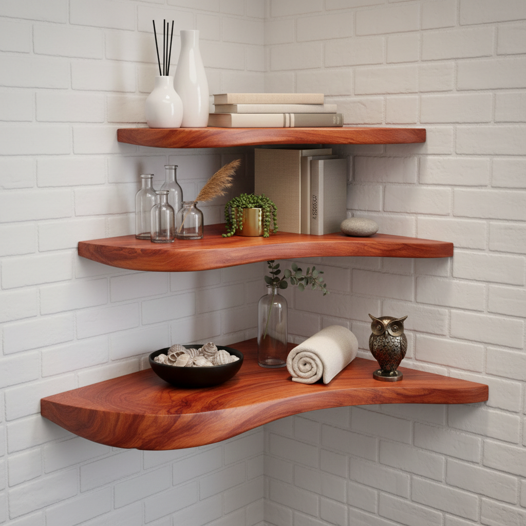 Handcrafted Solid Wood Corner Shelf With Live-Edge Design