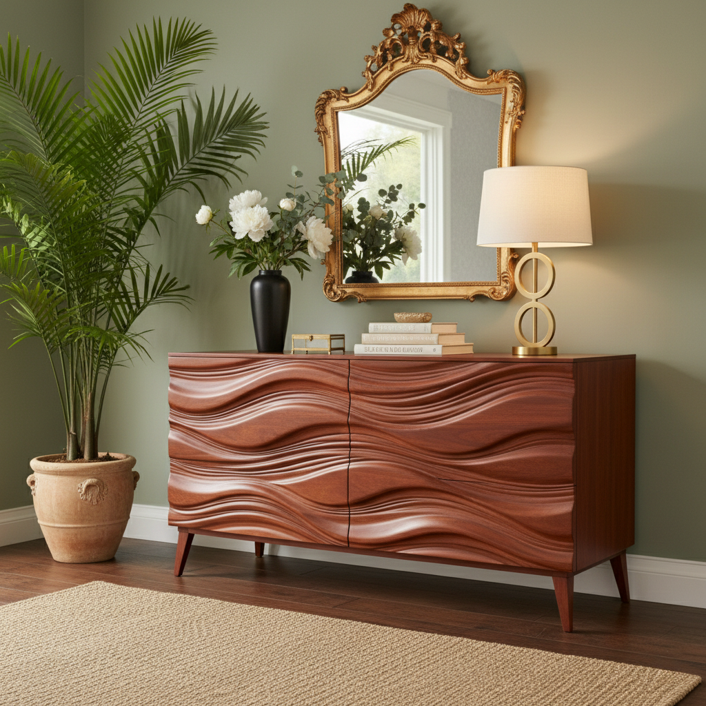 Sculptural Modern Cabinet with Flowing Wave Design and Sleek Legs