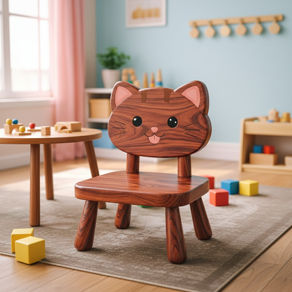 Kids Wooden Chair with Dog or Cat Design, Toddler Playroom Furniture