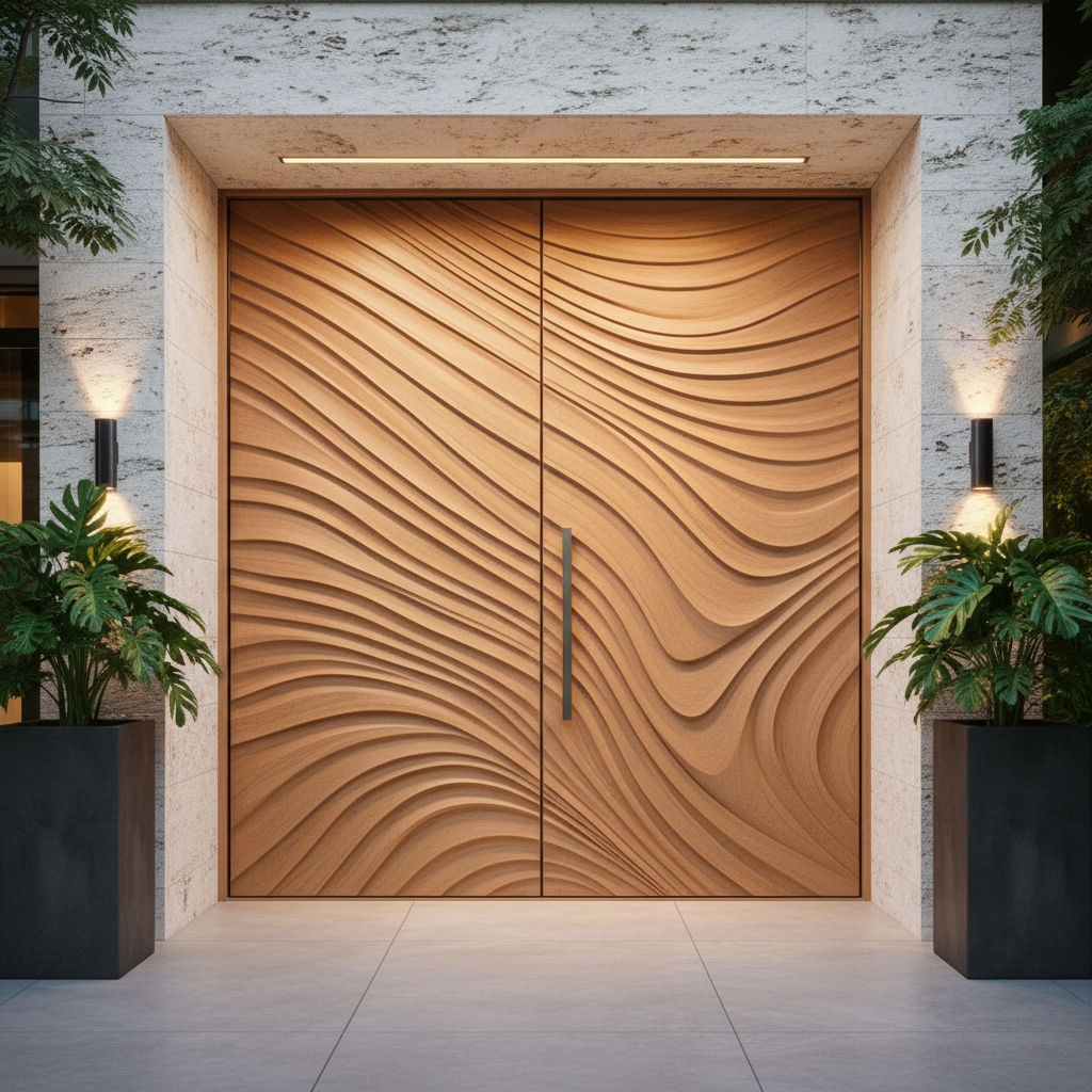 Sculpted Solid Wood Door with Fluid Wave Design