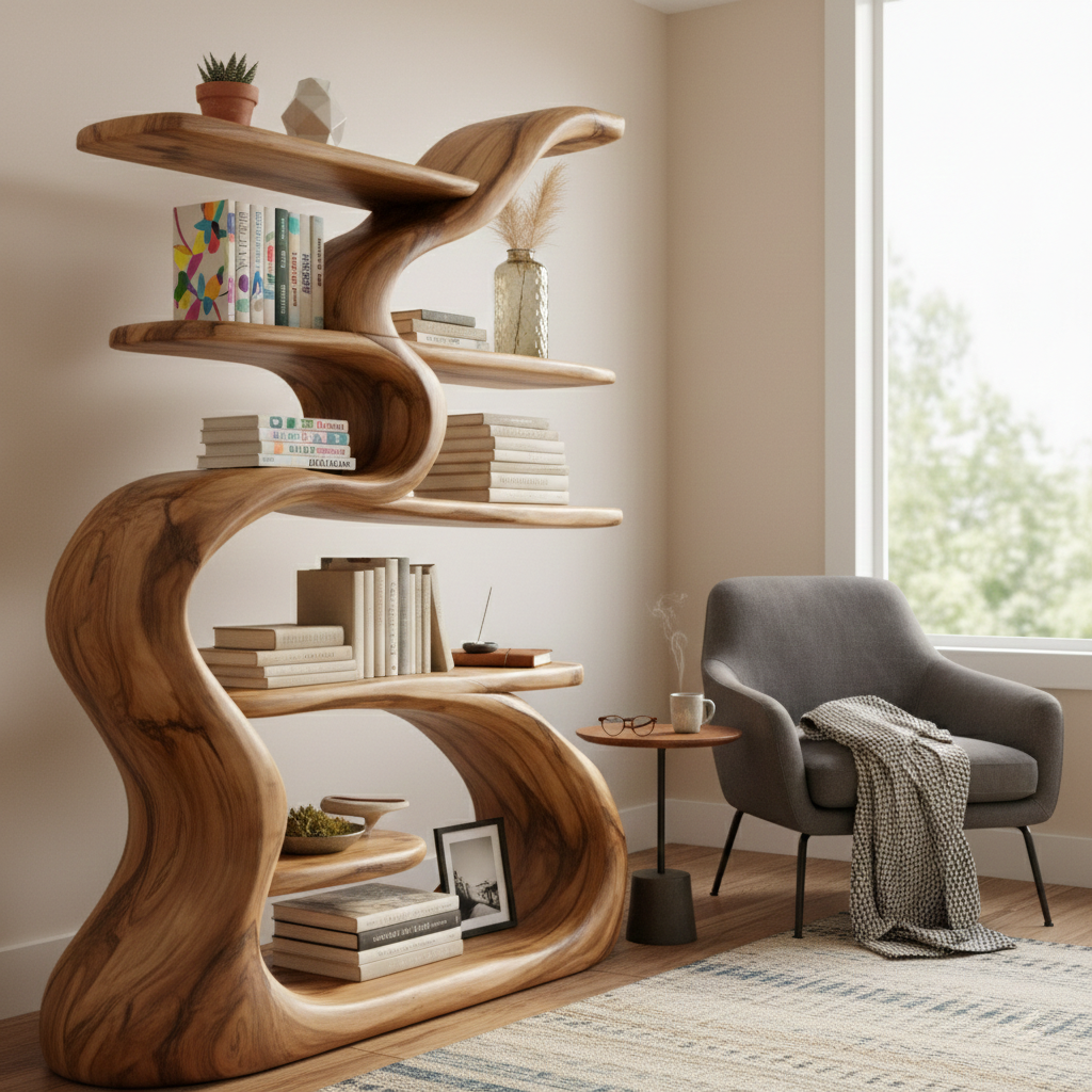 Sculptural Solid Wood Bookshelf With Organic Flowing Design