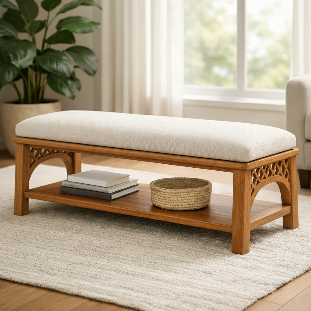 Handcrafted Solid Wood Bench With Cushion And Open Shelf