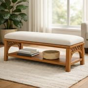 Handcrafted Solid Wood Bench With Cushion And Open Shelf