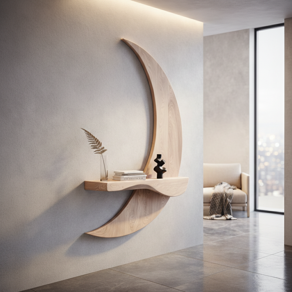 Contemporary Sculptural Floating Shelf With Crescent Silhouette