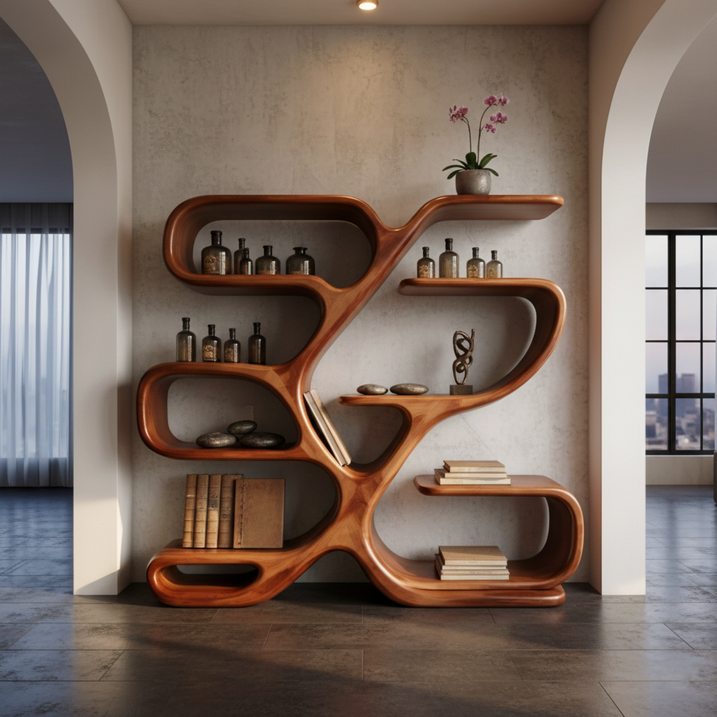 Handcrafted Solid Wood Artistic Bookshelf Display, Sculptural Wall Shelf