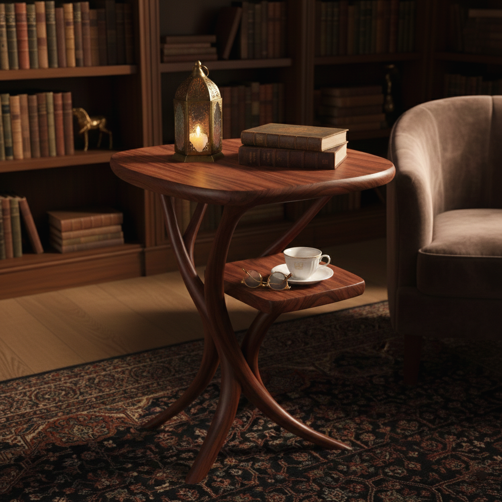 Sculptural Solid Wood Side Table With Lower Shelf