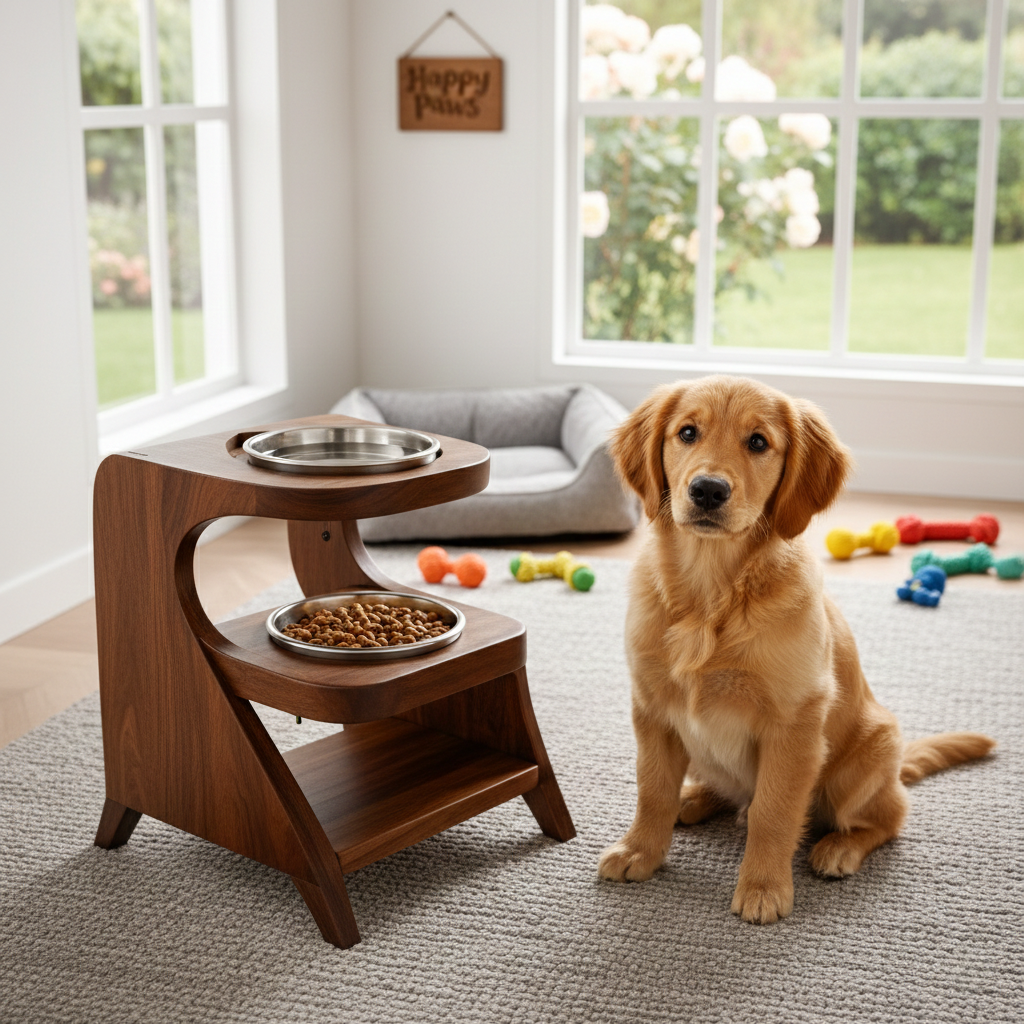 Handcrafted Solid Wood Elevated Dog Bowl Holder With Storage Shelf