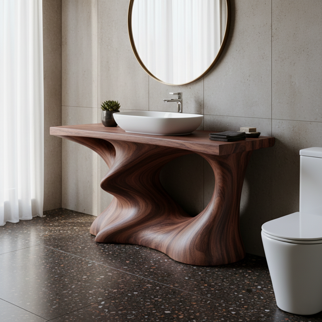 Organic Sculptural Vanity for Bathroom, Handcrafted Solid Wood Basin Stand