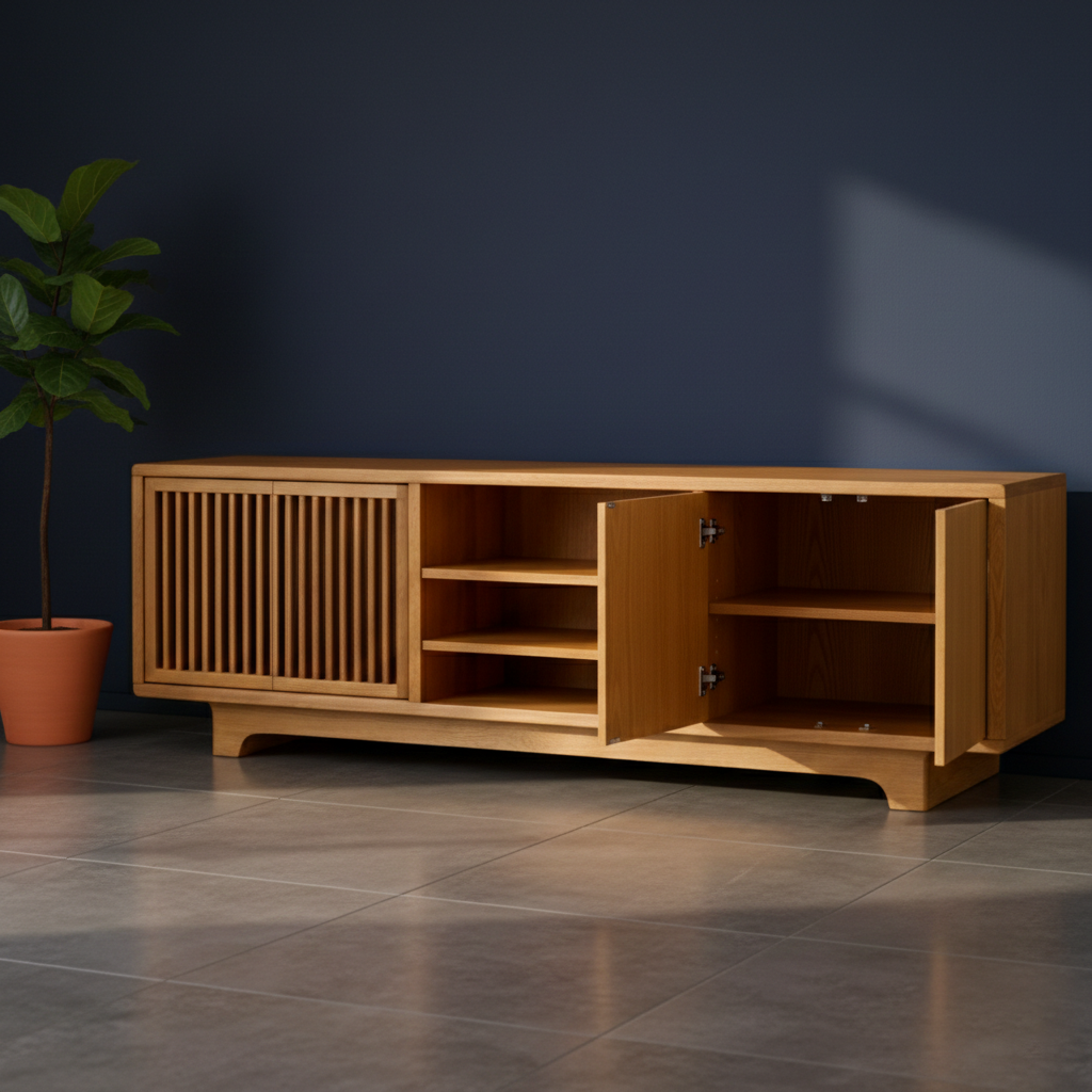 Handcrafted Solid Wood TV Cabinet With Slatted Doors and Open Shelving