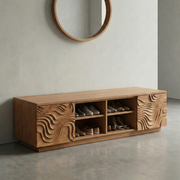 Handcrafted Solid Wood Shoe Bench Cabinet With Sculpted Wave Doors