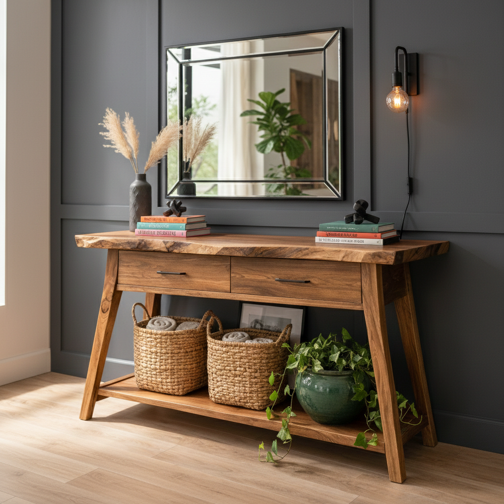 Handcrafted Solid Wood Console Table With Live-Edge Top and Storage Drawers