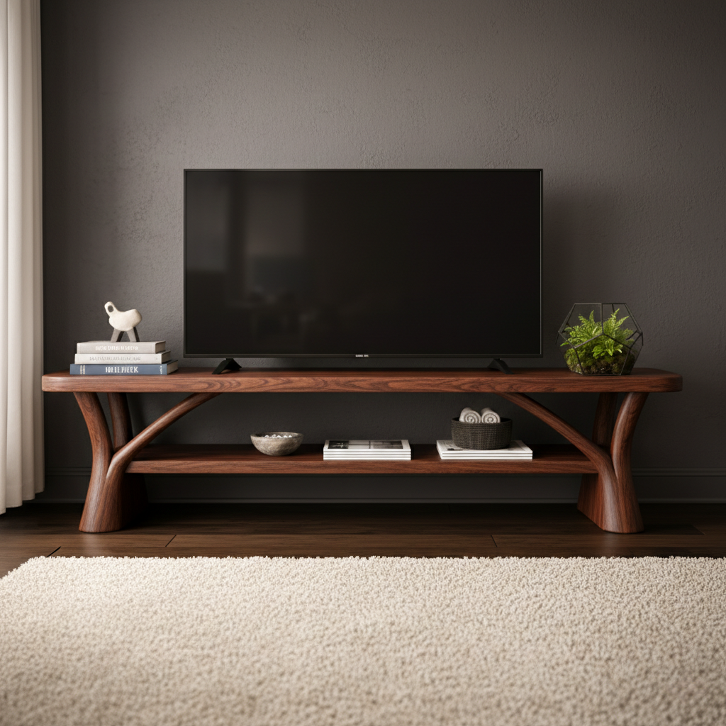 Handcrafted Solid Wood TV Stand With Sculptural Base And Shelf