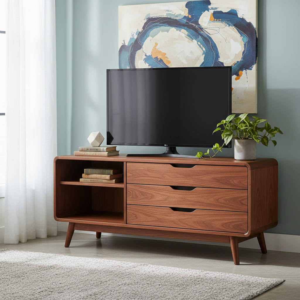 Handcrafted Solid Wood TV Console With Drawers and Open Storage