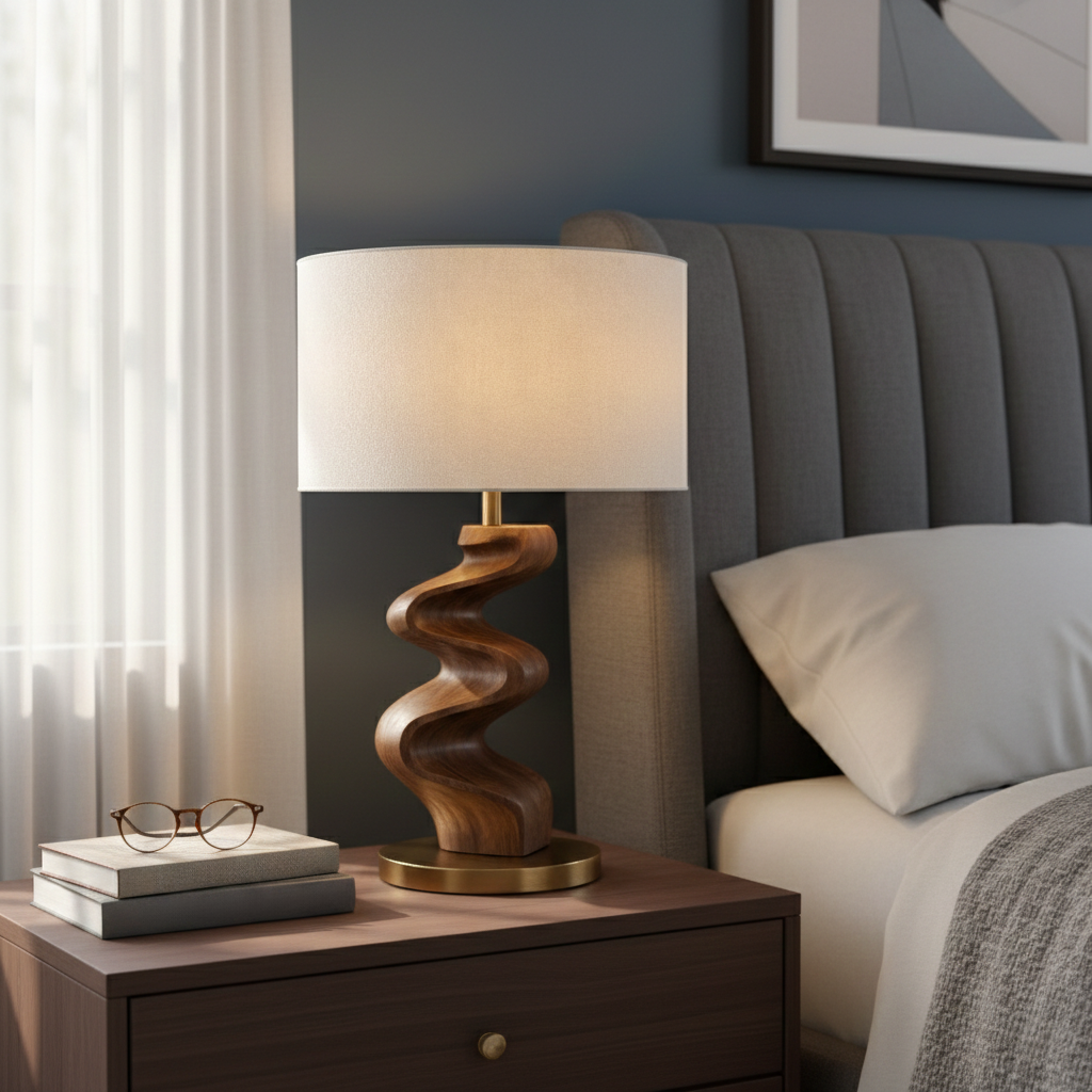 Sculptural Table Lamp with Twisted Wooden Base