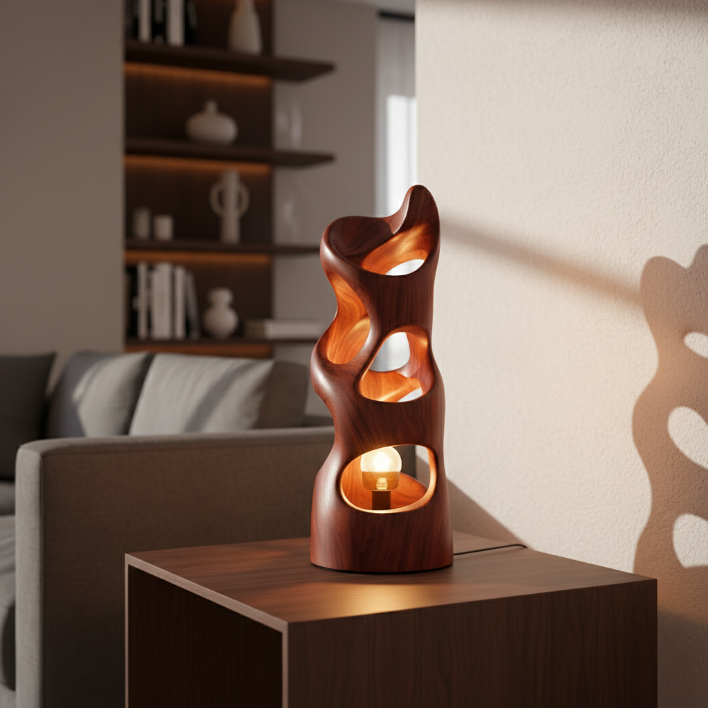 Sculptural Wooden Table Lamp with Carved Glow and Organic Form