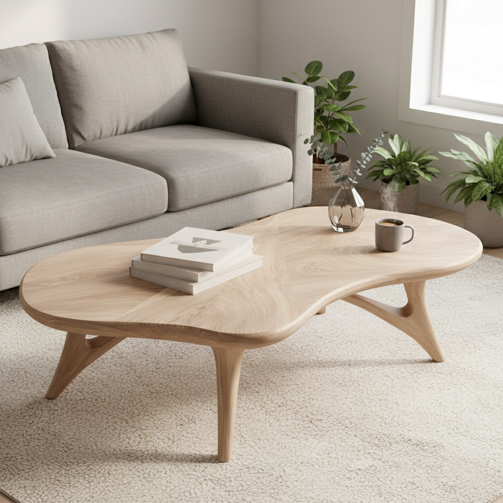 Handcrafted Solid Wood Coffee Table With Sculptural Curved Base