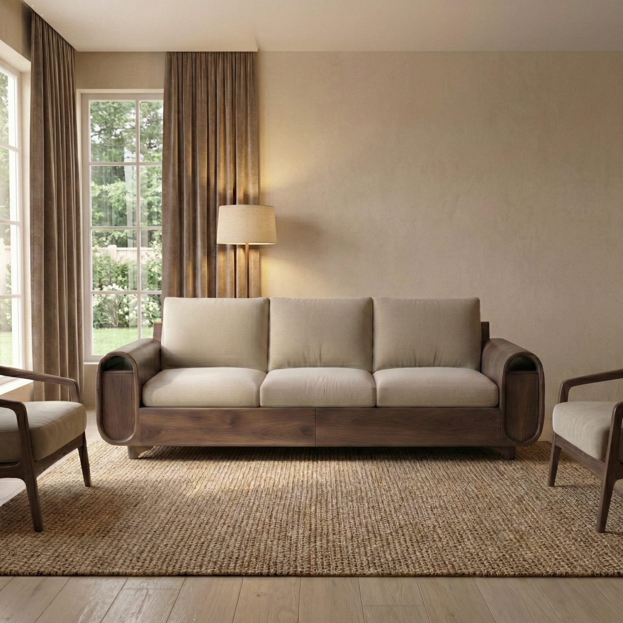 Handcrafted Solid Wood Sofa, Modern Curved Arm Frame Couch