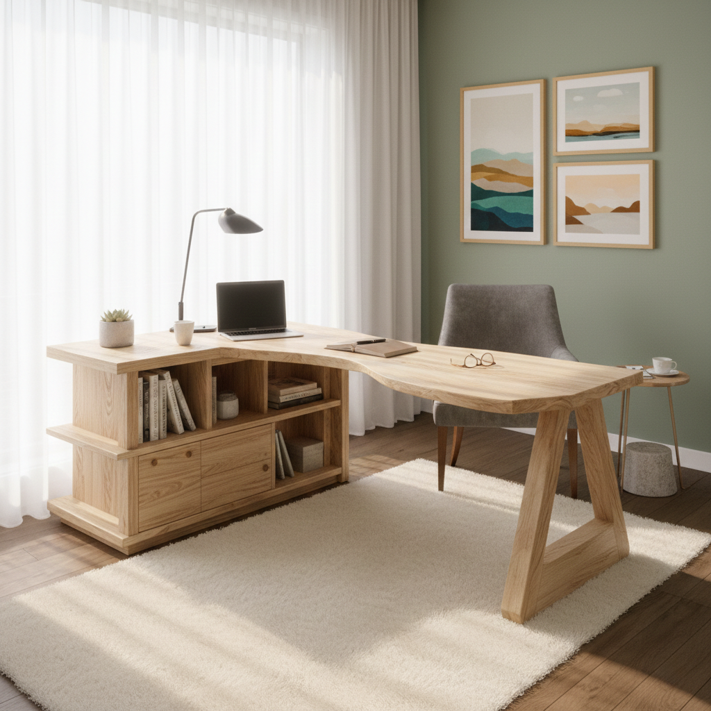 Modern L-Shaped Wood Desk With Integrated Bookshelf, Functional Office Furniture