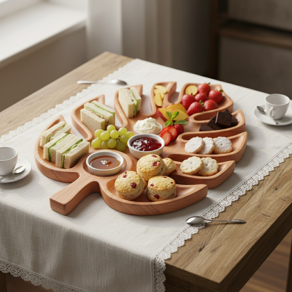 Leaf-Shaped Wooden Serving Tray With Carved Compartments