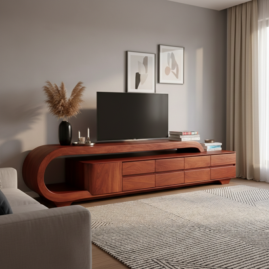Handcrafted Solid Wood Curved TV Console With Drawer Storage