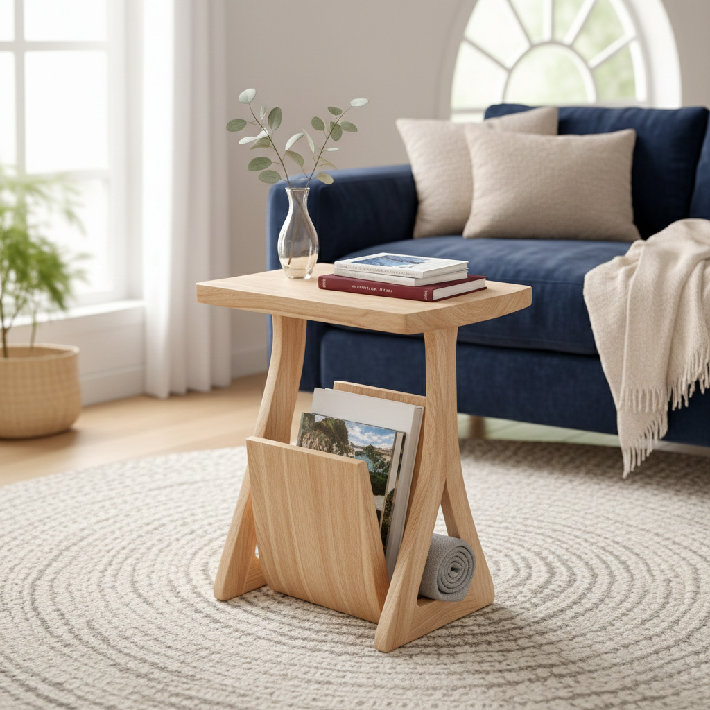 Wooden Side Table with Magazine Holder and Sleek Design