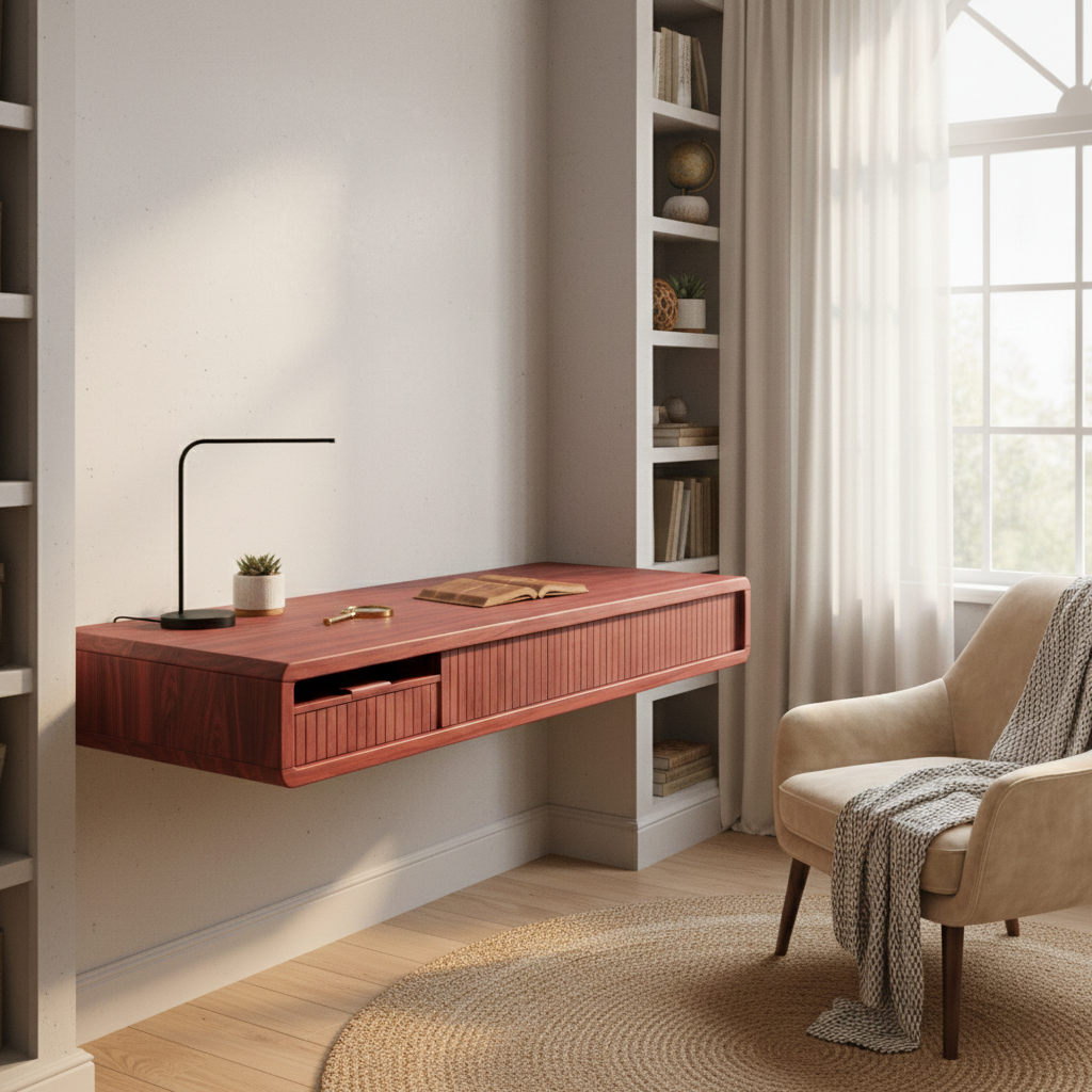 Floating Wall Mounted Wood Desk With Fluted Drawer Front