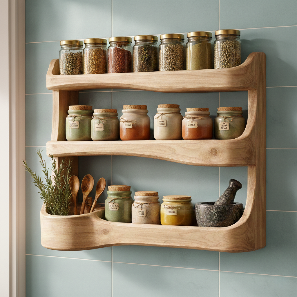 Handcrafted Solid Wood Spice Rack Shelf, Wall-Mounted Kitchen Organizer