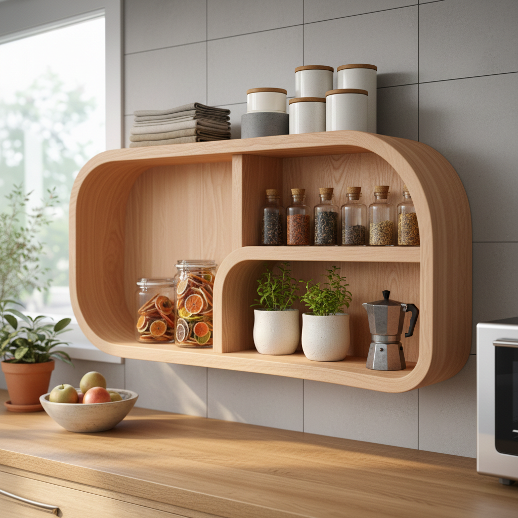 Curved Solid Wood Wall Shelf With Open Cubby Storage