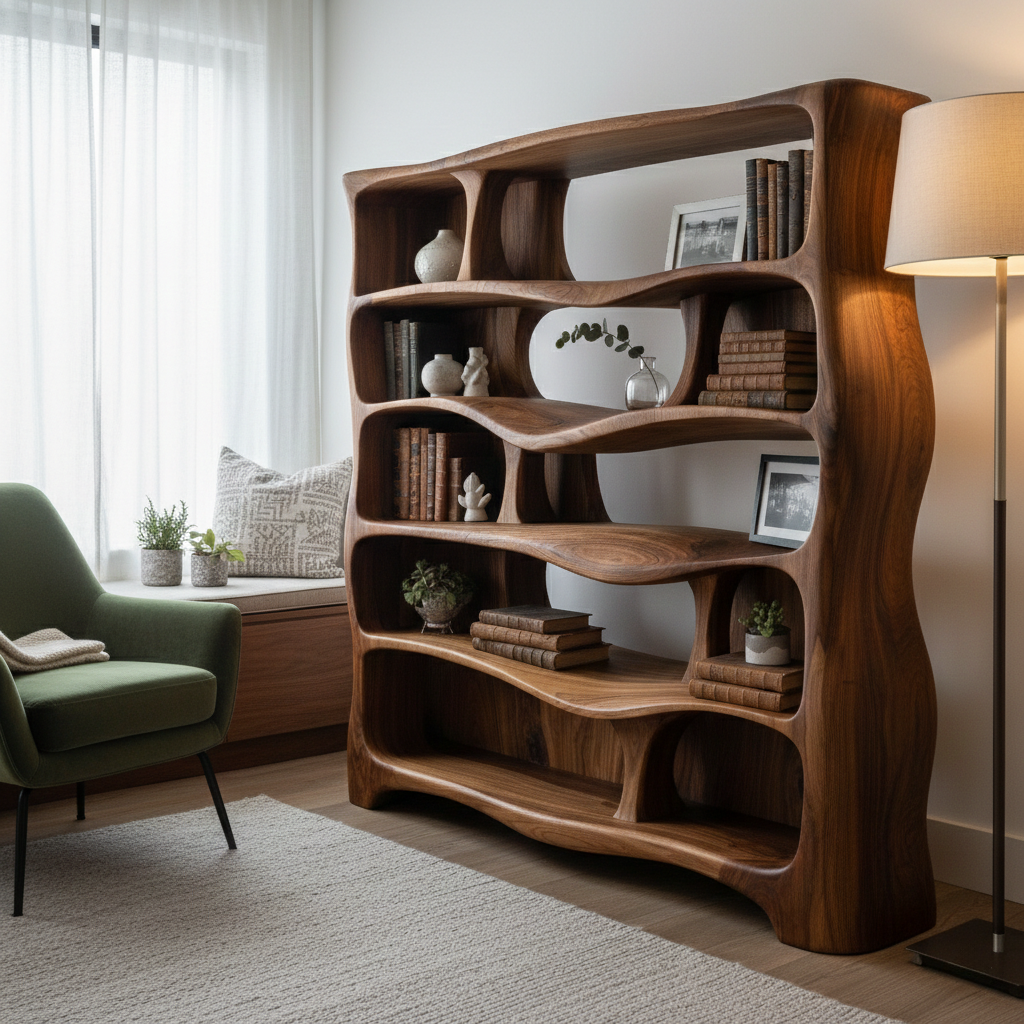 Sculptural Solid Wood Bookshelf With Organic Curves and Open Storage