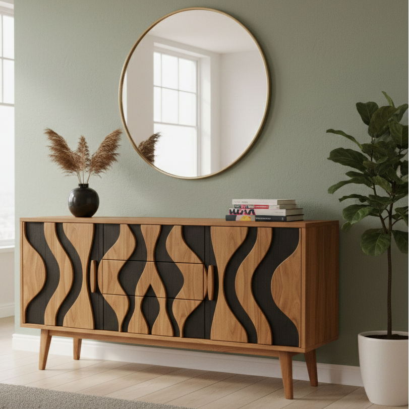 Modern Wood Console with Bold Black and Natural Wood Detailing