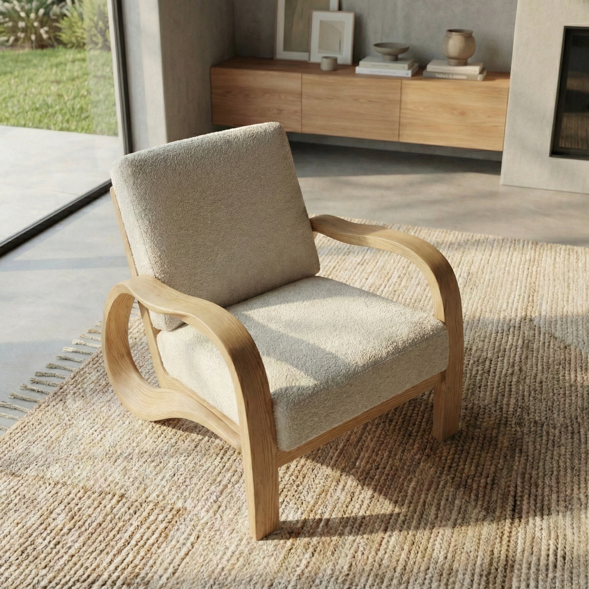 Handcrafted Solid Wood Sculptural Lounge Chair, Curved Arm Accent Seat