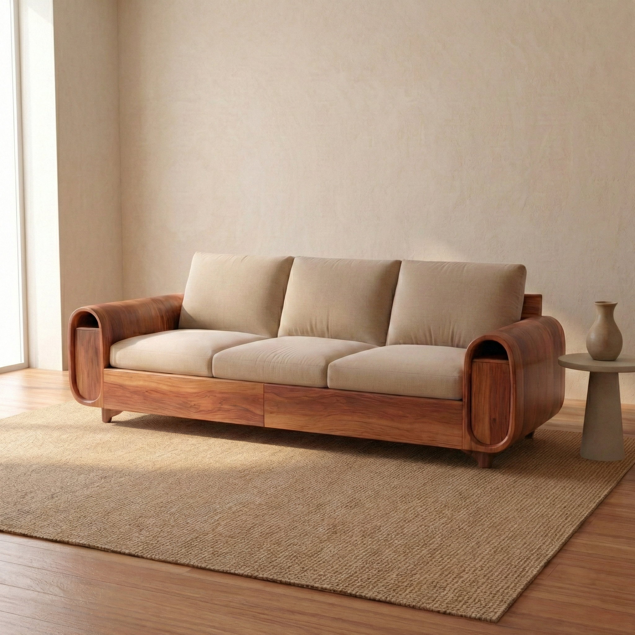 Handcrafted Solid Wood Sofa, Modern Curved Arm Frame Couch