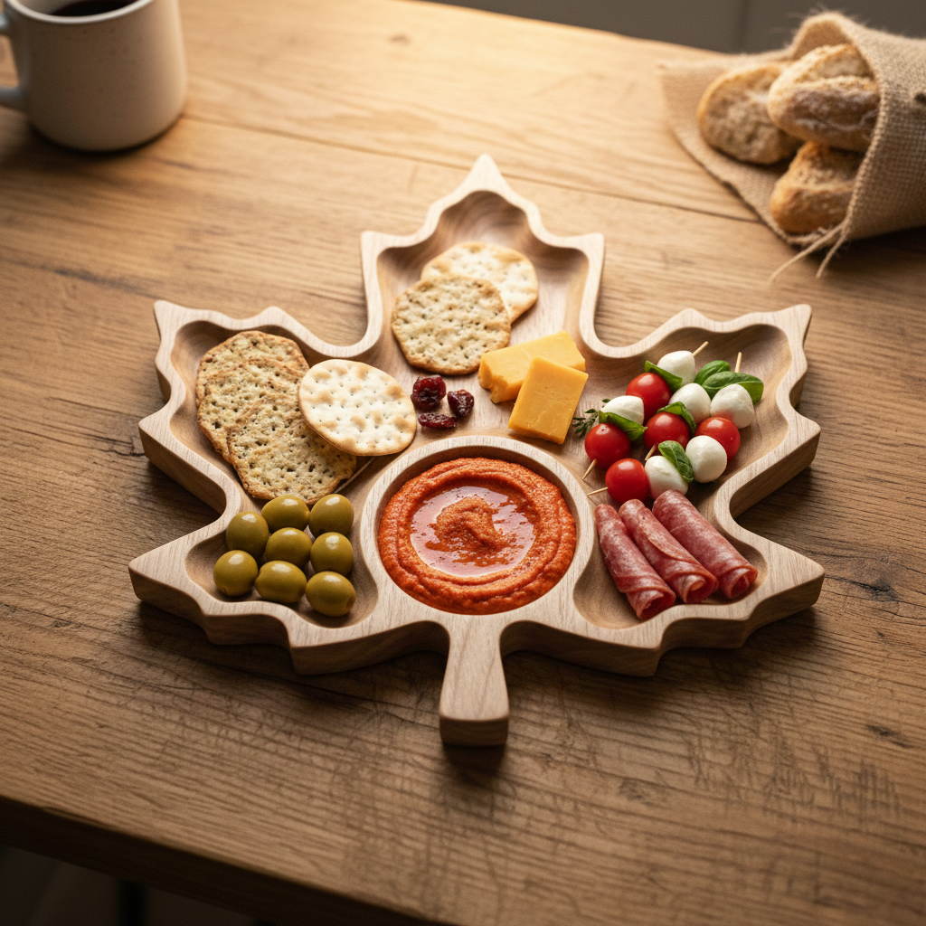 Handcrafted Solid Wood Serving Tray, Leaf Shaped Snack Platter