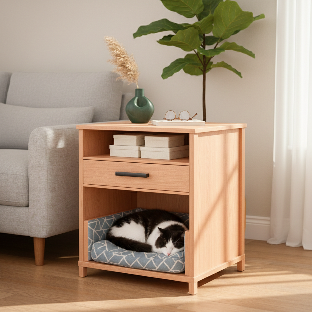 Nightstand with Built-In Pet Bed and Storage Drawer