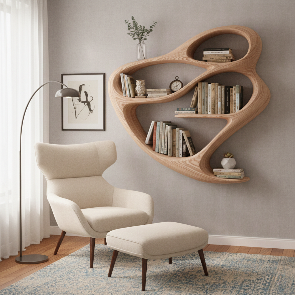 Handcrafted Solid Wood Sculptural Bookshelf, Organic Flowing Wall Shelf