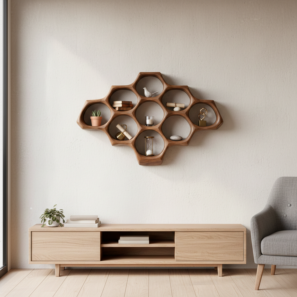 Handcrafted Solid Wood Honeycomb Shelf, Sculptural Wall Display