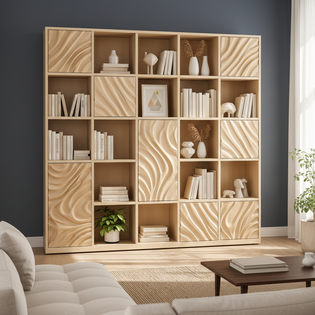 Handcrafted Solid Wood Bookshelf With Sculpted Wave Door Panels