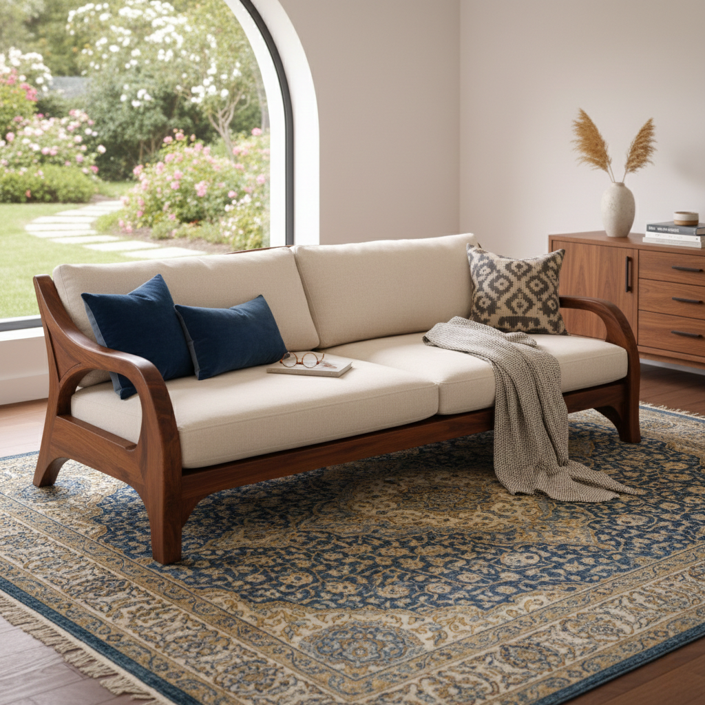 Modern Sculptural Sofa with Curved Wood Frame and Plush Cushions