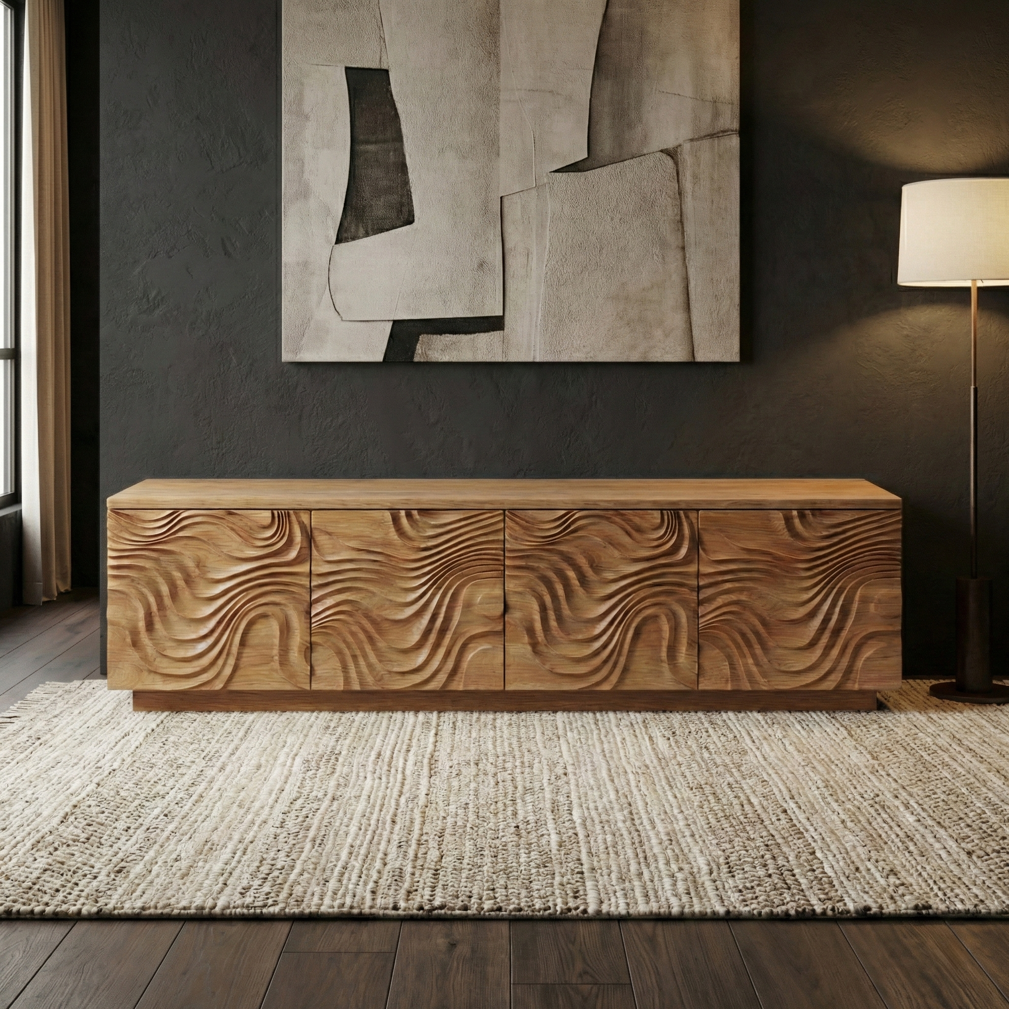 Handcrafted Solid Wood Shoe Bench Cabinet With Sculpted Wave Doors