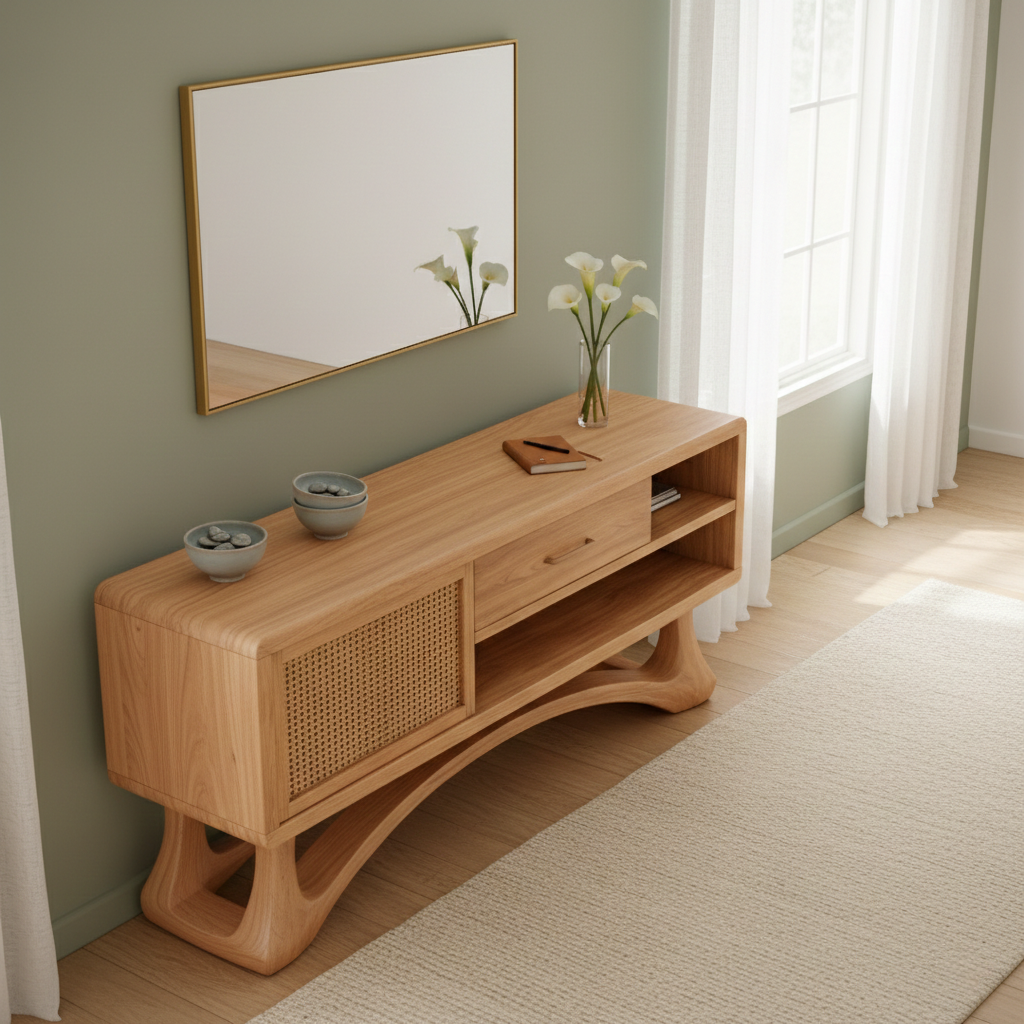 Modern Wooden Console Table with Cane Door and Sculptural Base