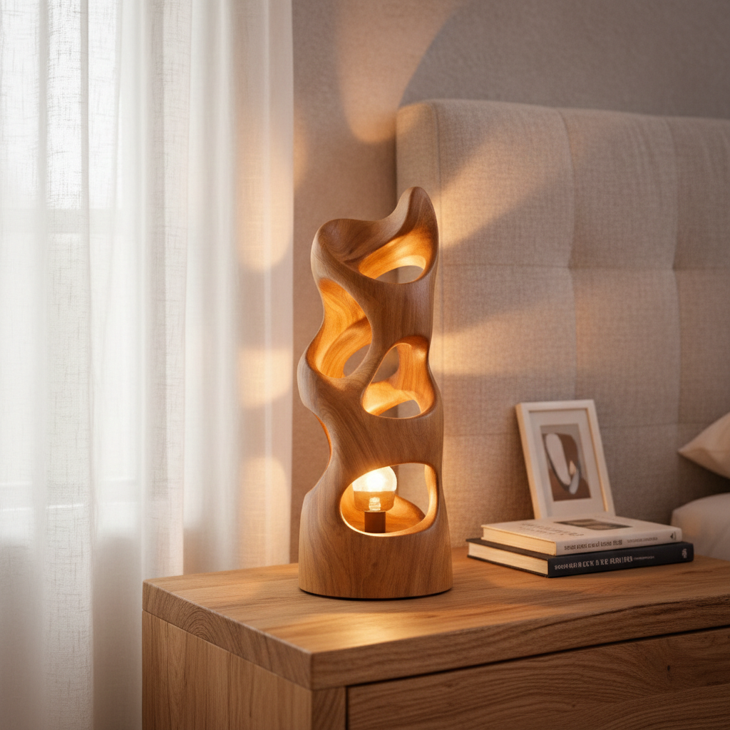 Sculptural Wooden Table Lamp with Carved Glow and Organic Form