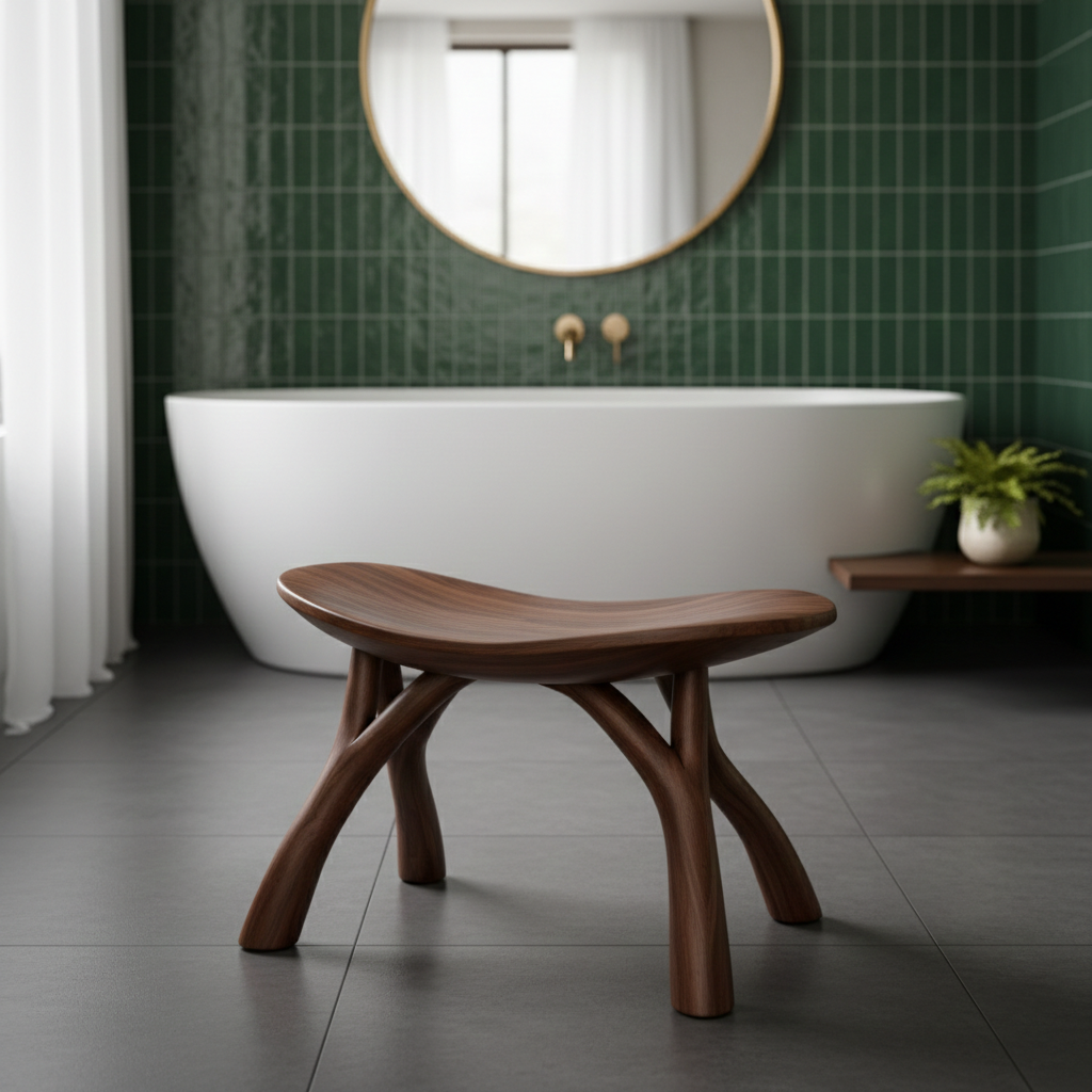 Natural Wood Shower Bench with Sculptural Design