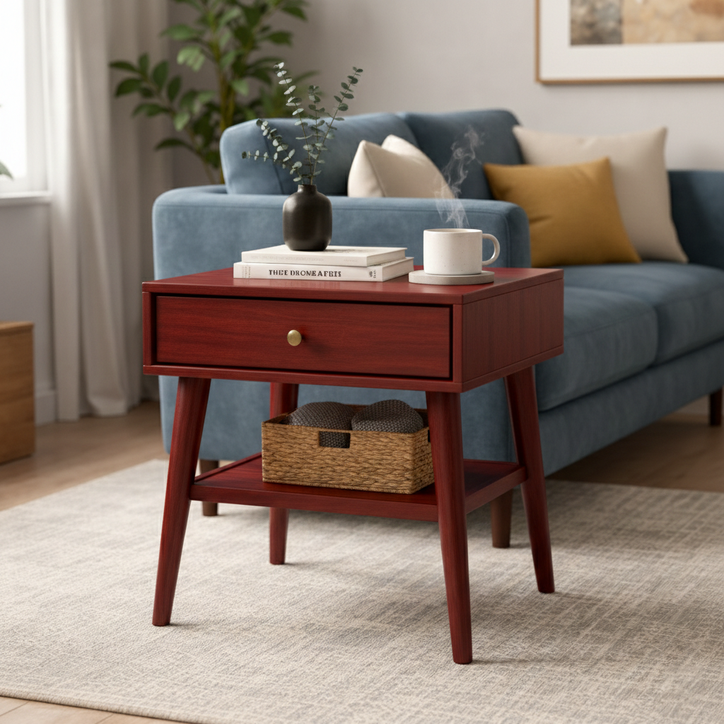 Handcrafted Solid Wood Side Table With Drawer and Open Shelf